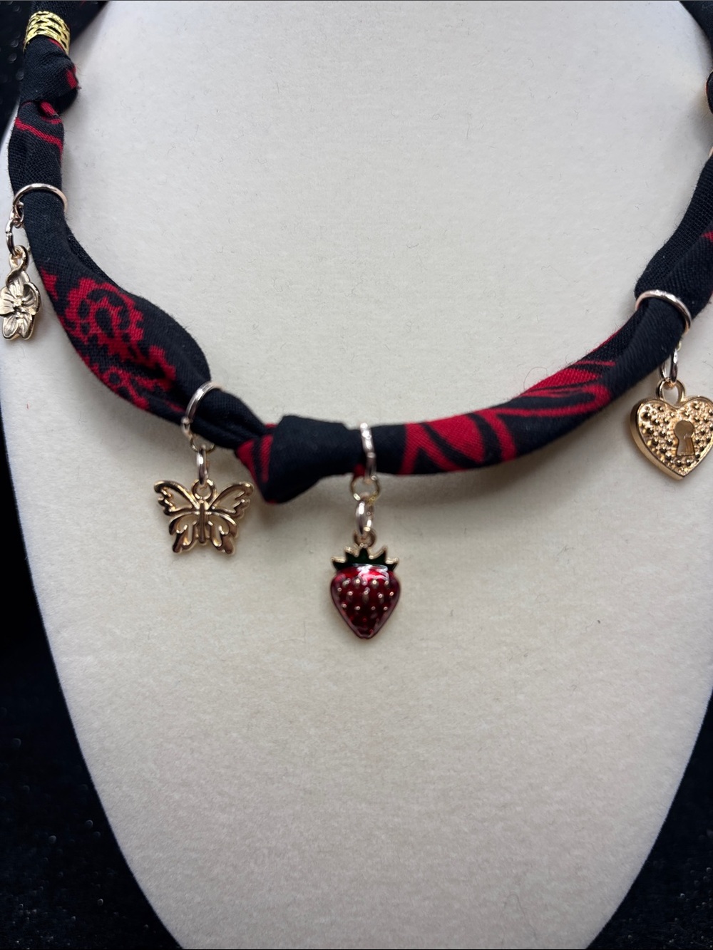 Braided Bandana Charm Necklace | Strawberry, Butterfly & Heart Lock Charms - Picture 7 of 8